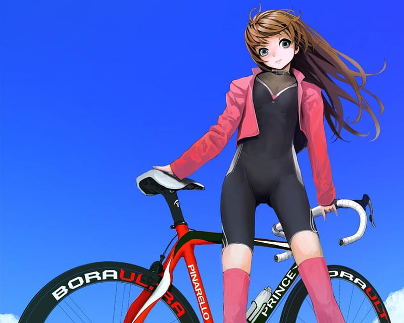 Mountain Bike, pretty, suit, bicycle, sweet, nice, anime, moutain bike, hot, wheel, anime girl, long hair, blue, female, lovely, brown hair, sexy, plain, cute, girl, jacket, simple, HD wallpaper