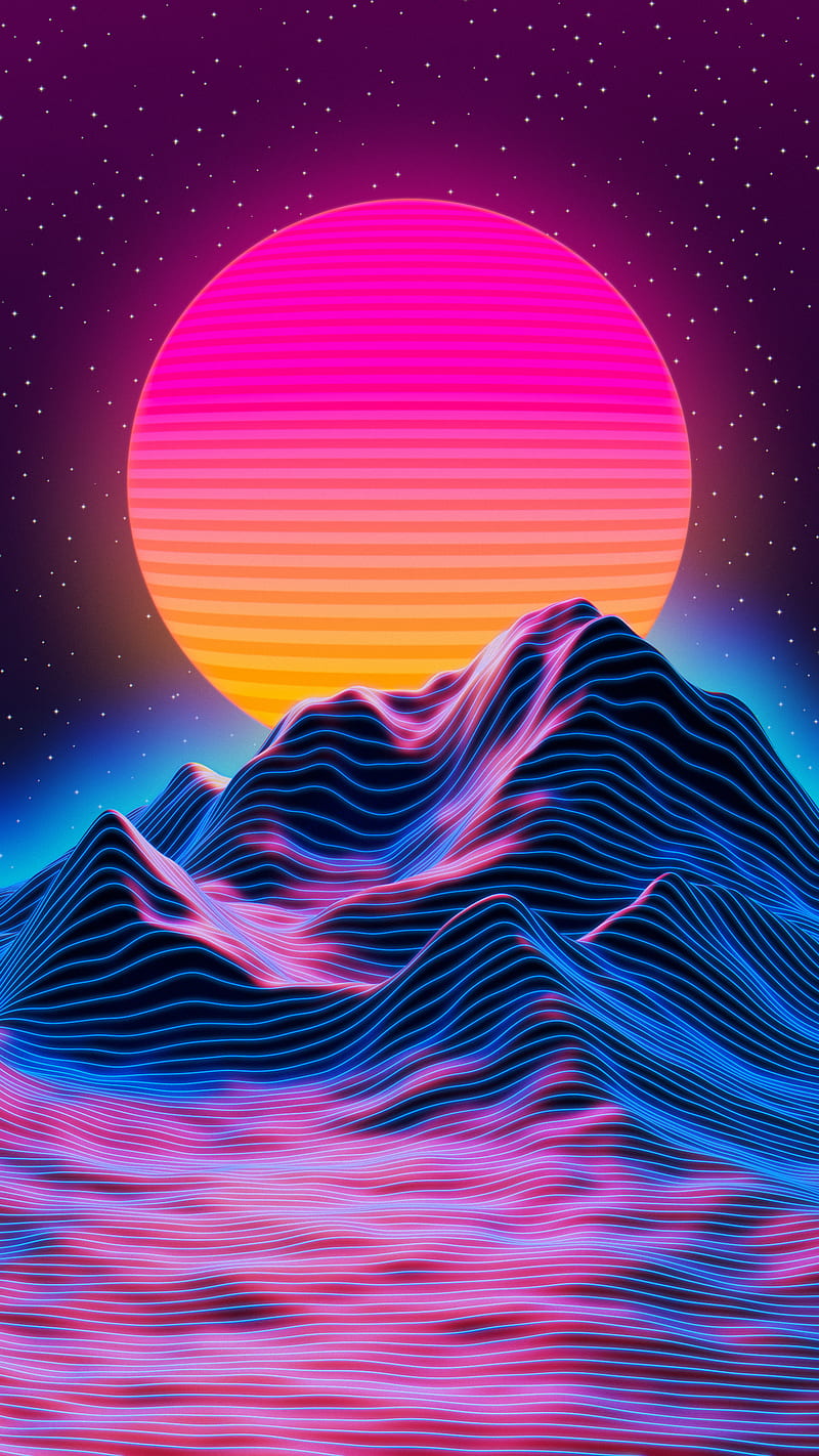 Vaporwave, 70s, colorful, higgsas, iphone, mountain, old school, outrun, purple, retro, samsung, sun, synthwave, HD phone wallpaper