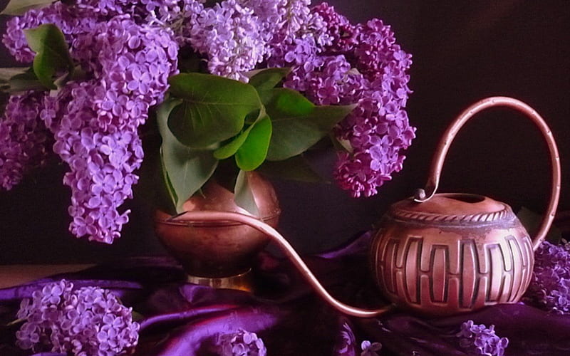 watering can, still life, flowers, lilacs, HD wallpaper