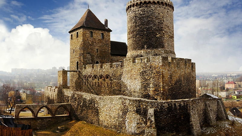 medieval bedzin castle in poland r, medieval, stone, towers, bridge, town, r, castle, HD wallpaper