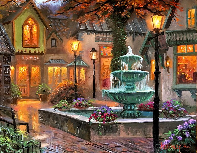 Central Place - Mark Keathley, night, houses, fountain, lanterns, painting, village, artwork, HD wallpaper