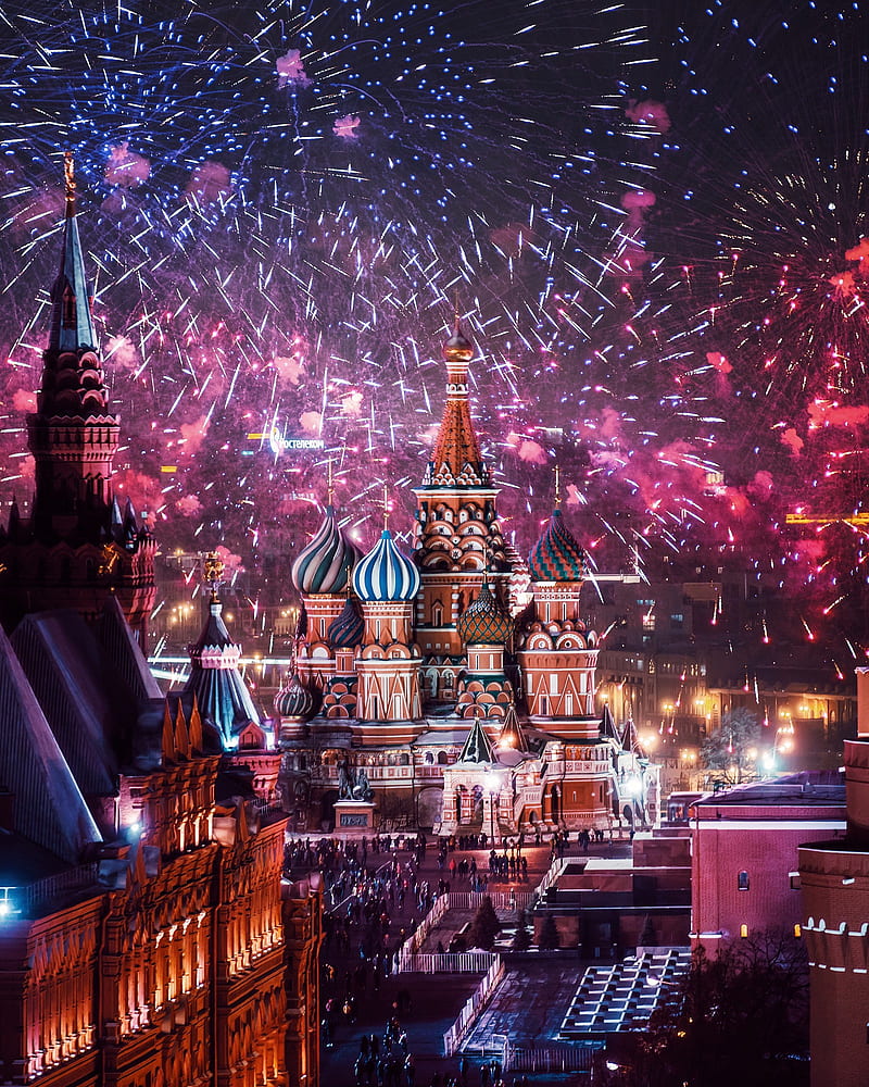 architecture, building, cityscape, city, night, Moscow, fireworks, Red Square, Russia, Saint Basil's Cathedral, tower, portrait display, Kremlin, Kremlin palace, HD phone wallpaper