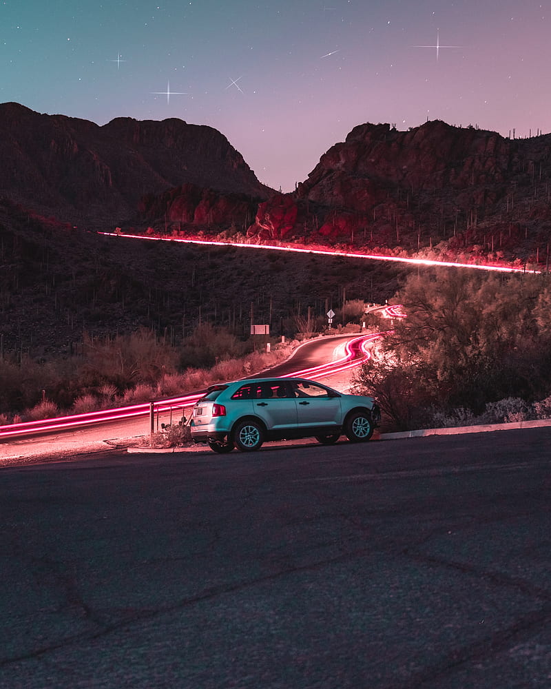 car, road, night, starry sky, hill, HD phone wallpaper