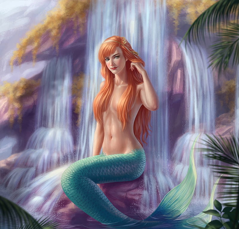 Mermaid, blue, furmusete, crystal rain, luminos, redhead, vara, fantasy, girl, waterfall, summer, siren, HD wallpaper