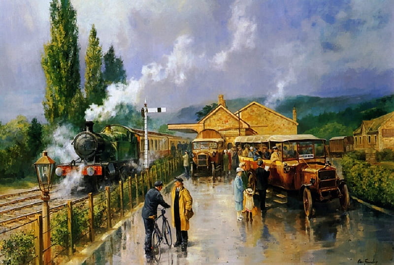 At The Station, train, steam train, steam, rain, bus, HD wallpaper