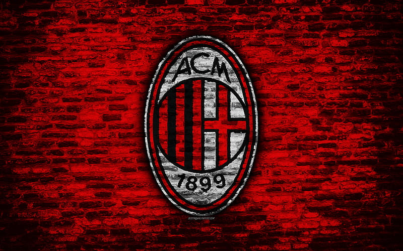 Milan FC logo, brick wall, Serie A, football, Italian football club, soccer, AC Milan, brick texture, Milan, Italy, HD wallpaper