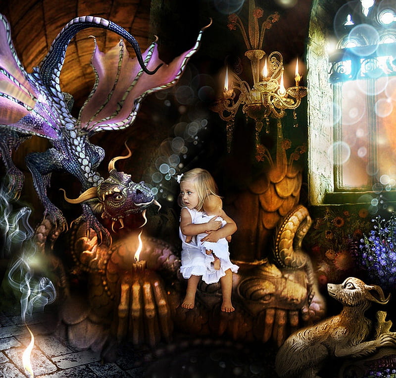 Behind The Attic Door, fantasy, girl, chair, dragon, doll, candles, HD wallpaper