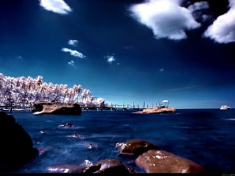 Fishing Pier, buildings, ocean, pier, sapphire, clouds, deep blue sky, HD  wallpaper