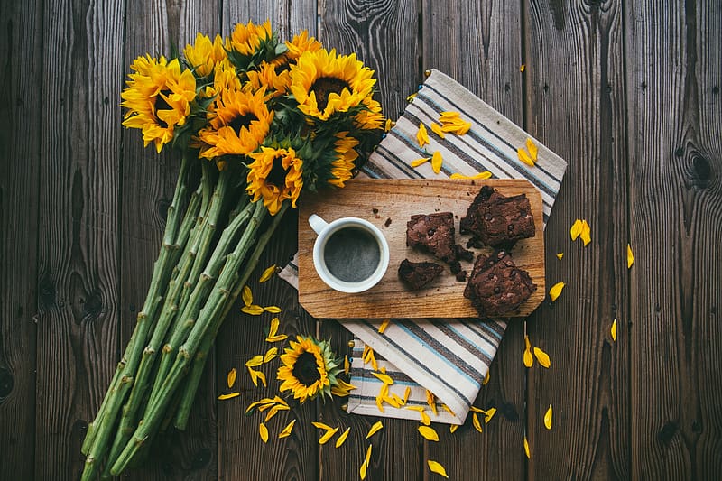 Food, Coffee, Still Life, Cup, Sunflower, Yellow Flower, Brownie, HD wallpaper