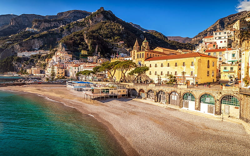 Mountain near the Shore,Italy, beach, amalfi, mountains, houses, nature, italy, coast, HD wallpaper