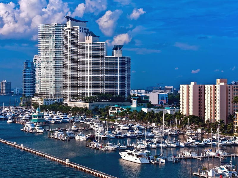 Miami-Beach-Marina, ships, marina, miami, buildings, sky, clouds, panorama, beach, nature, landscape, HD wallpaper