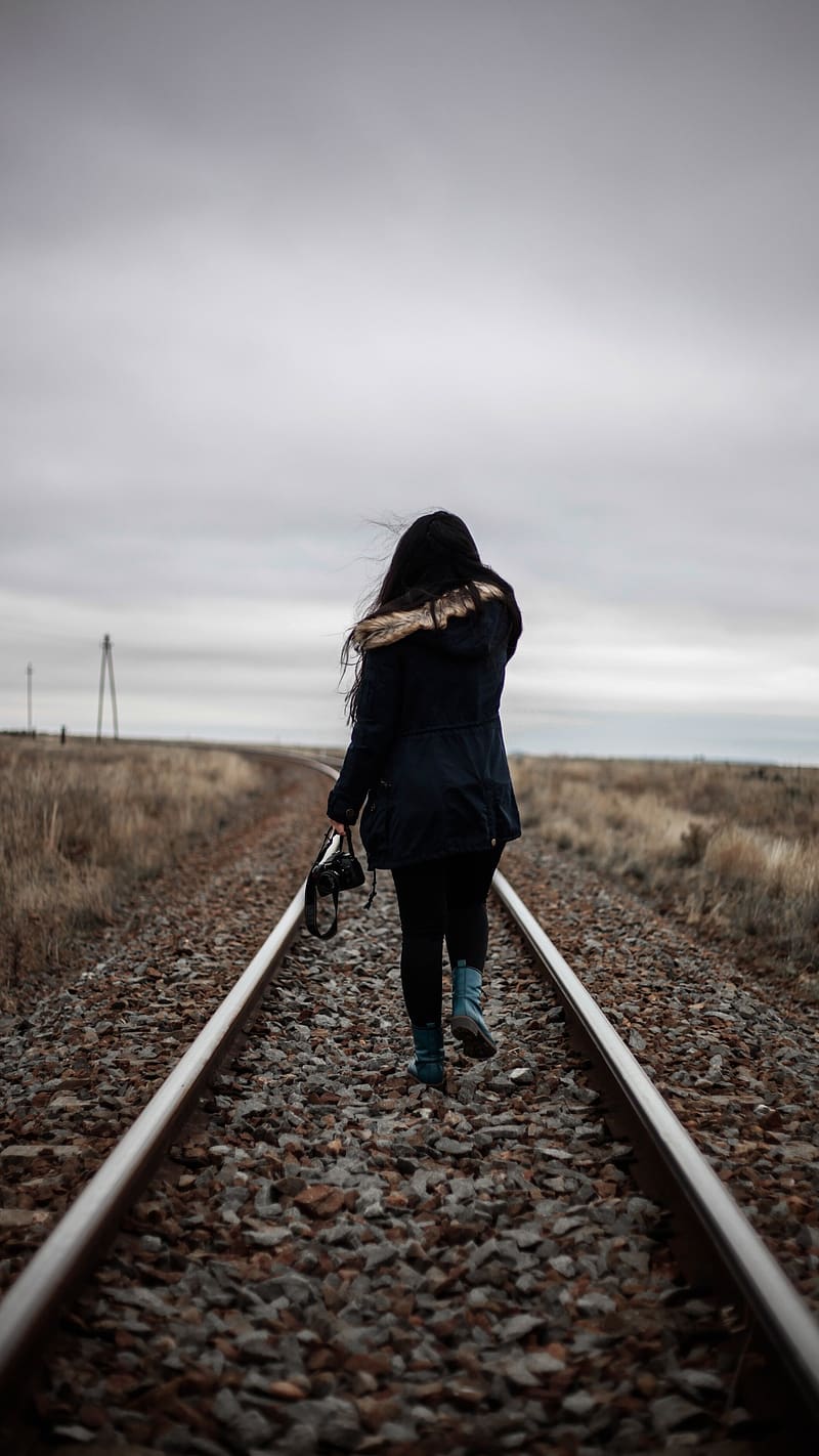 Alone Girl, Walking On Railway Track, railway track, walking, camera, pose, HD phone wallpaper