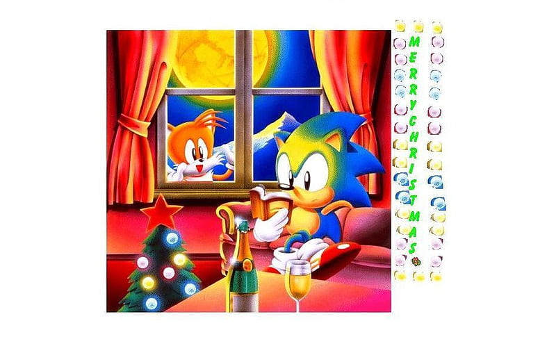 Sonic~Christmas, tails, video games, book, moon, shampain, anime, couch, tails da fox, sonic, stars, heart shaped box, holiday, christmas, tree, merry christmas, snow, m, HD wallpaper