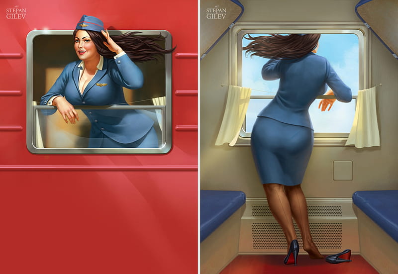 The conductor with lush forms, red, stepan gilev, fantasy, conductor, girl, window, train, collage, blue, HD wallpaper