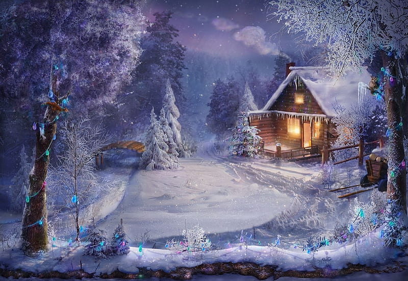 Winter night, cottage, white, pictura, winter, blue, art, house, frumusete, iarna, fantasy, night, HD wallpaper