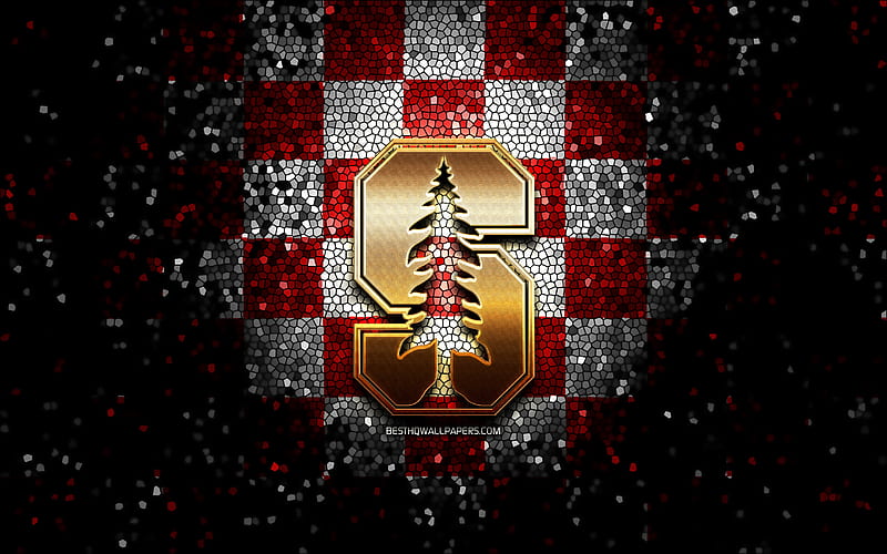 Stanford Cardinal, glitter logo, NCAA, red white checkered background, USA, american football team, Stanford Cardinal logo, mosaic art, american football, America, HD wallpaper
