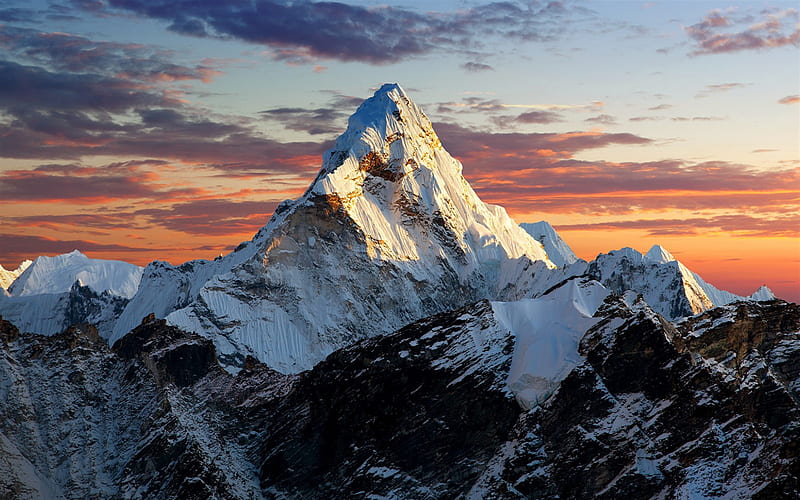 Mount Everest, Zhumulangma, highest mountain, Himalayas, mountain landscape, evening, rocks, mountains, Nepal, Everest, HD wallpaper