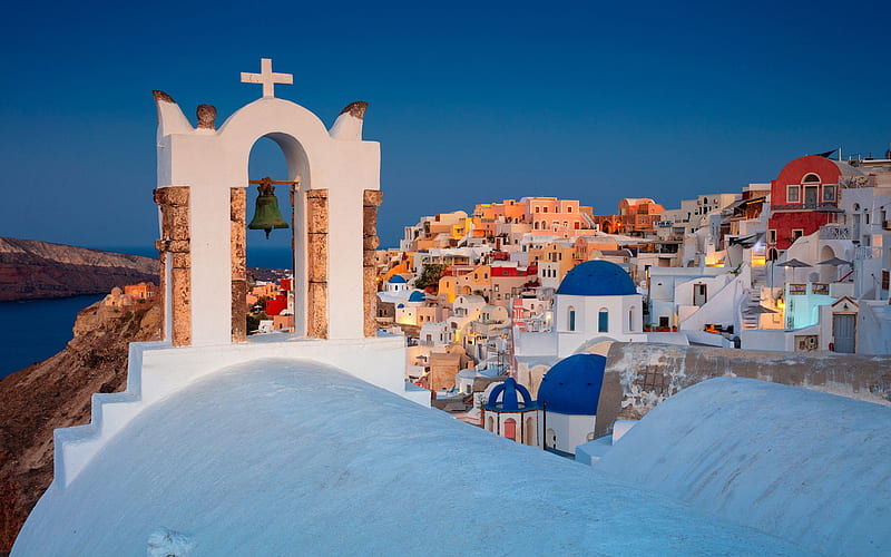 Santorini, Oia, evening, sunset, Greek church, big bell, Aegean Sea, islands, Greece, HD wallpaper