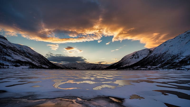 Winter at a Norwegian Fjord, winter, snow, landscape, clouds, sky, rocks, mountains, ice, HD wallpaper