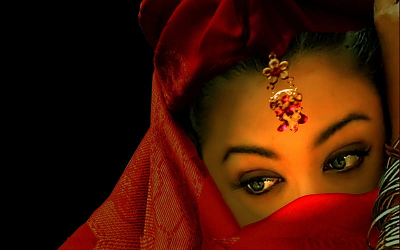 SWEET SHY GIRL, red, pretty, look, shy, veil, covered, woman, jewelery, eyes, HD wallpaper