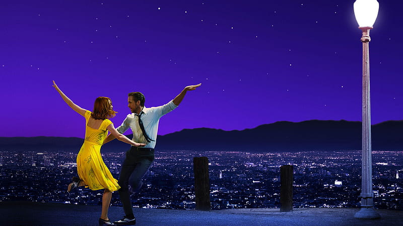 La La Land (2016), movie, la la land, yellow, man, woman, ryan gosling, dance, couple, blue, night, HD wallpaper