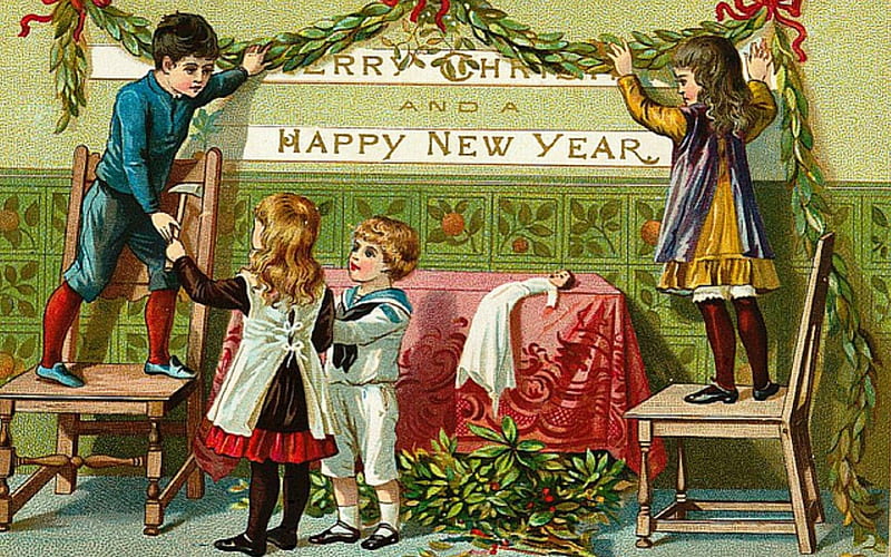 Merry Christmas!, red, christmas, happy new year, card, mistletoe, retro, green, child, vintage, HD wallpaper