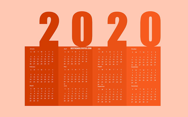 Orange 2020 Paper Calendar, all months, bookmarks 2020 calendar, orange background, creative art, 2020 Calendar, HD wallpaper