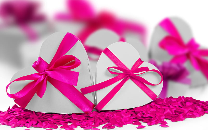 Valentines Day, February 14, pink silk ribbons, pink bows, romance, HD wallpaper