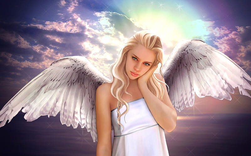 ANGEL, wings, green eyes, blonde, sky, clouds, sea, fantasy, girl, eyes ...