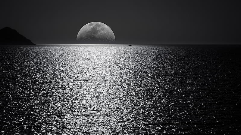 White Black Moon Evening Night Time Seascape , moon, evening, seascape, night, nature, monochrome, black-and-white, HD wallpaper