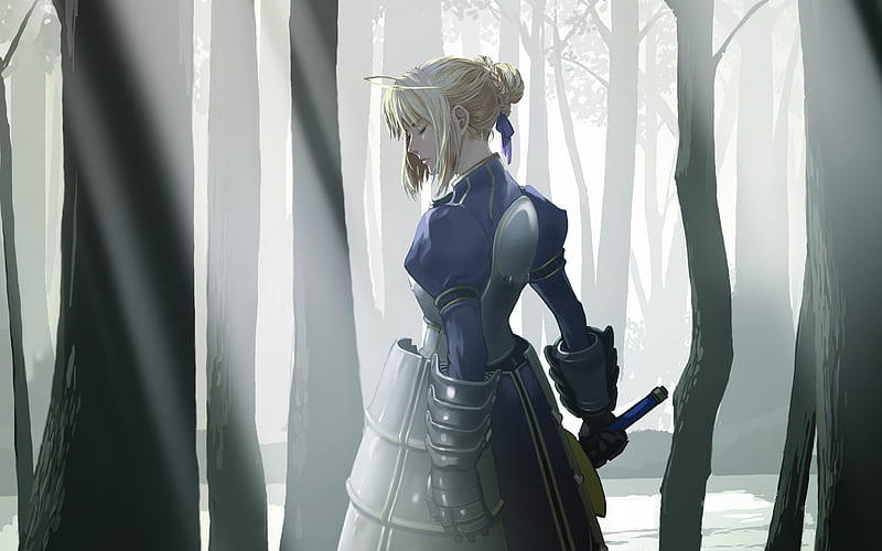 The Lonely Knight, saber, king, forest, excalibur, game, arturia, fate stay night, anime, sword, knight, HD wallpaper