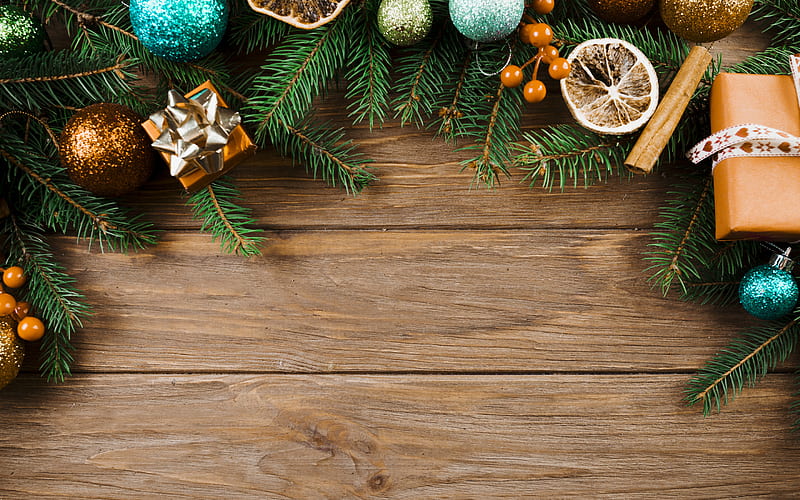 Christmas, wooden background, tree, Christmas decorations, Happy New Year, golden balls, HD wallpaper