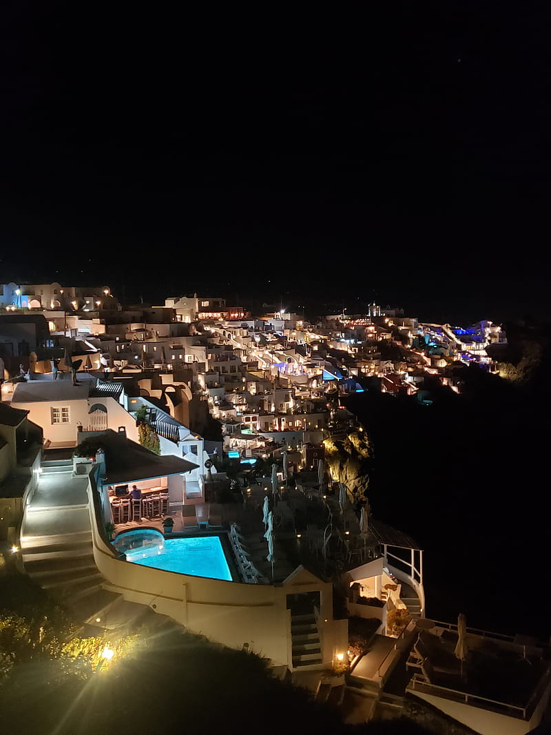 Santorini night life, bonito, europe, greece, island, lights, santorini night, vacation, white buildings, HD phone wallpaper