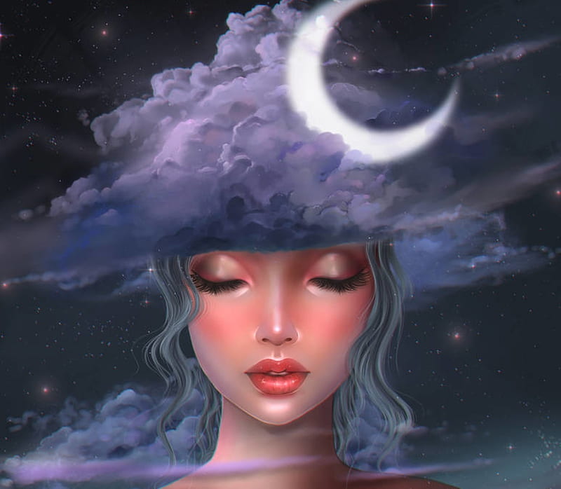 Nocturne, face, white, blue, art, cloud, frumusete, luminos, moon, heszperia, fantasy, moon, girl, HD wallpaper