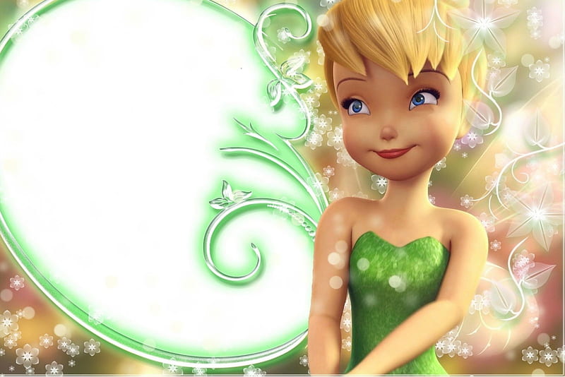 Tinker Bell, wings, movie, blonde, card, fantasy, green, white, fairy, disney, HD wallpaper