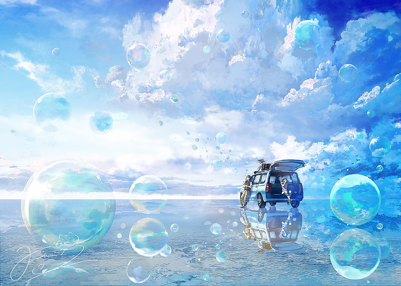 Premium Photo | Anime couple sitting on the ground with bubbles and bubbles  in the background generative ai