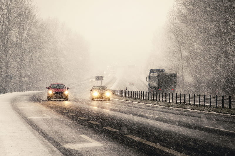 Snowstorm On Highway Vehicles, snow, graphy, highway, HD wallpaper