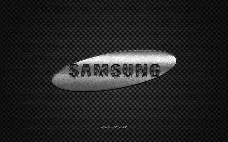 Samsung logo, silver shiny logo, Samsung metal emblem, for Samsung devices, gray carbon fiber texture, Samsung, brands, creative art, HD wallpaper