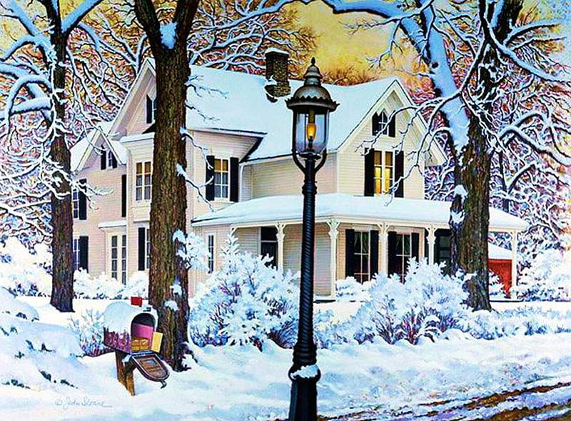 House in Snow, lantern, path, mailbox, trees, artwork, winter, HD wallpaper