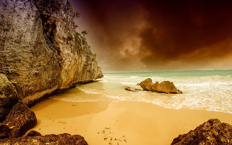 Tulum, Yucatan, ocean, coast, Mexico, rock, beach, sand, HD wallpaper
