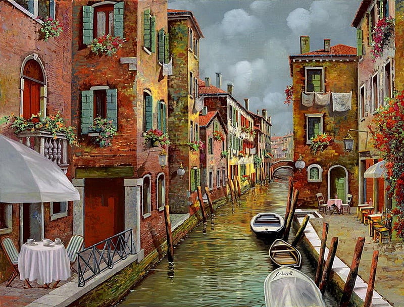 Breakfast in Venice, cafe, canal, Italy, bonito, nice, boat, painting, reflection, art, rpetty, lovely, romantic, houses, breakfast, Venice, water, coffee, nature, gondola, HD wallpaper
