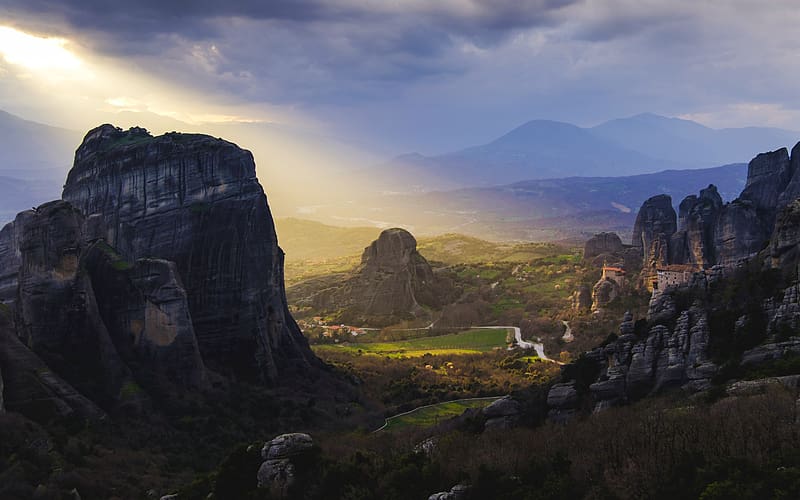 Greece Meteora Sunshine Valley Monastery, HD wallpaper
