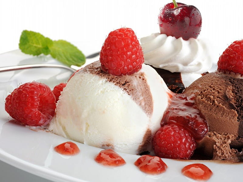 Ice cream desserts, delicious, sweets, food, fruits, HD wallpaper
