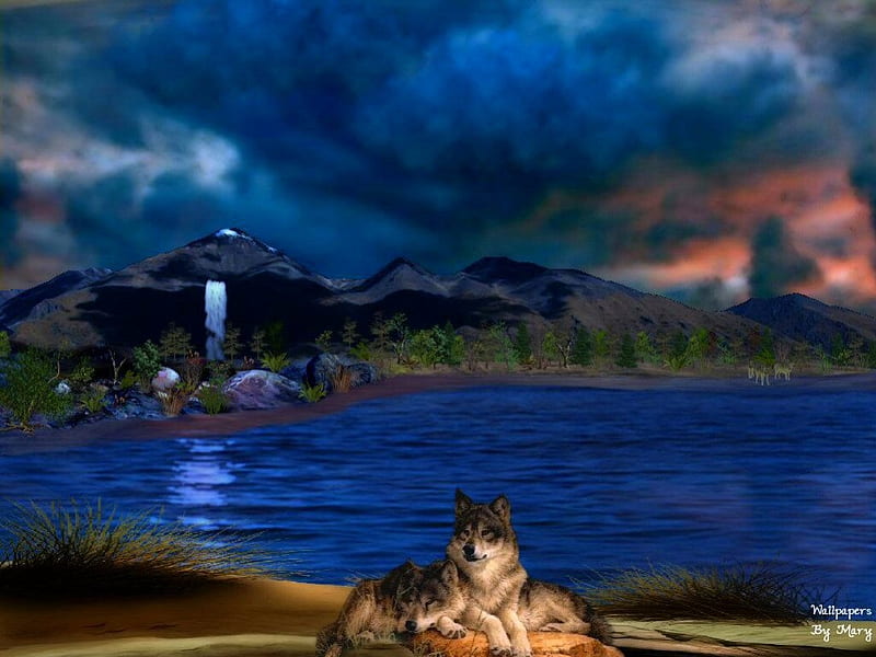 Blue Suede Lake, Water, Waterfalls, Mountains, Lakes, Wolf, Wolves, HD ...