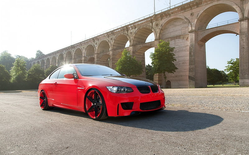 BMW M3, tuning BMW, red M3, red black wheels, BMW E92, HD wallpaper