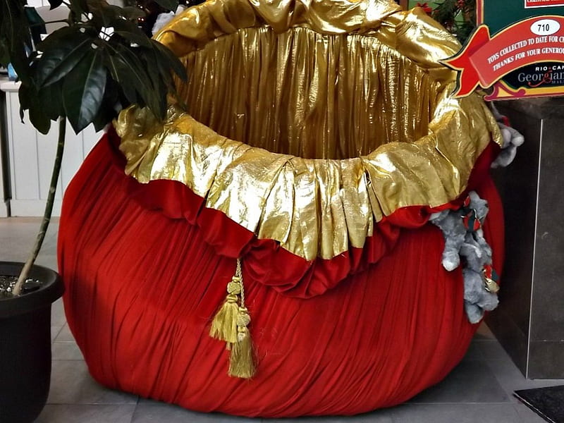 Santa's sack, santas sack, red, gold, christmas, HD wallpaper