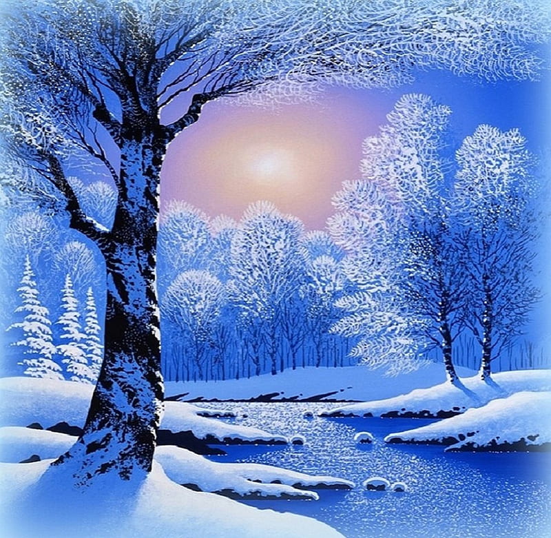 Blue Winter, forest, amazing, snowy trees, snowy landscape, rime, snow, light, frost, HD wallpaper