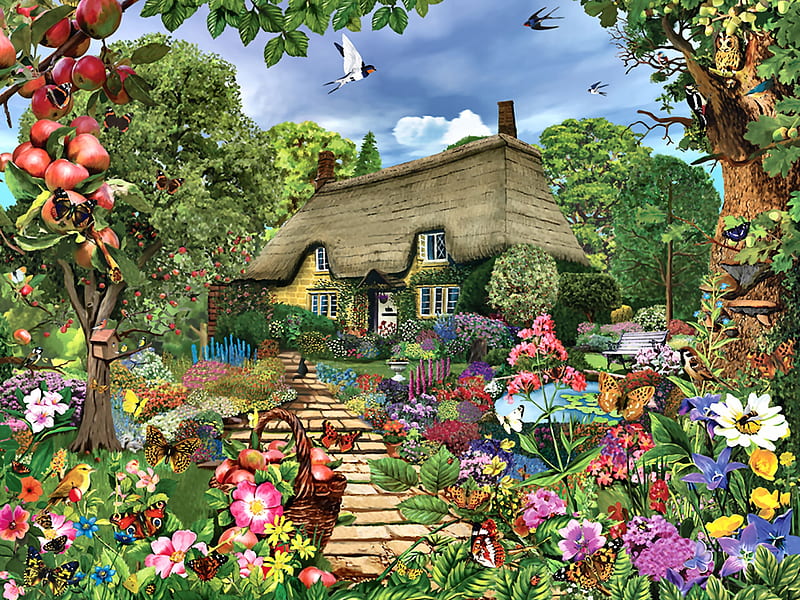 English Cottage Garden F1, architecture, art, cottage, birds, bonito, butterflies, artwork, painting, wide screen, flowers, garden, scenery, landscape, HD wallpaper