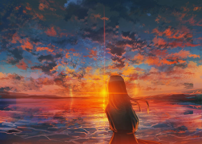 Anime, Original, Girl, Sky, Sunset, Lake, Cloud, HD wallpaper | Peakpx