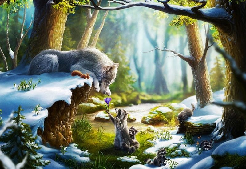 End of Winter, forest, squirrel, crocus, trees, raccoon, artwork, snow, painting, animals, HD wallpaper